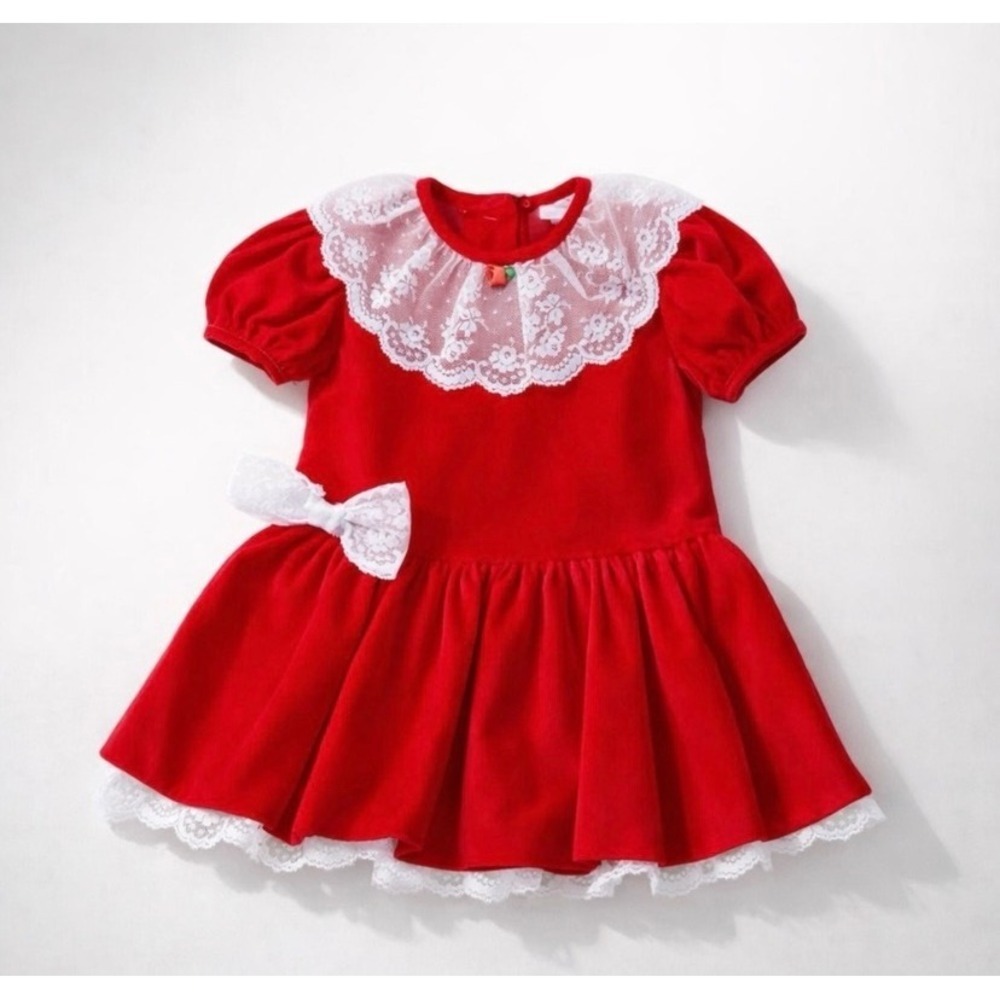 Jo Lene Vintage Red Velvet Lace Dress 2T Retro Coquette Holiday Cottagecore 90s